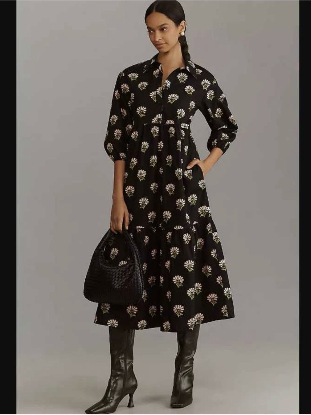 NWT Maeve x Anthropologie The Bettina tiered shirt dress in Black Floral XSP